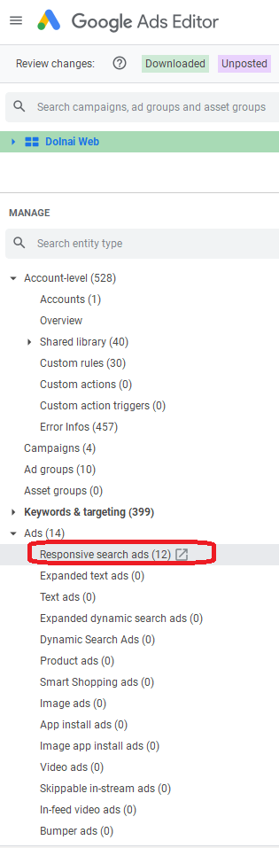 Crear Anuncio de Búsqueda Adaptable (RSA) desde Google Ads Editor: Paso 2