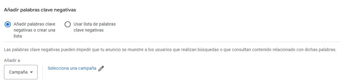 Cómo añadir palabras clave negativas en campañas de Performance Max (Rendimiento Máximo)