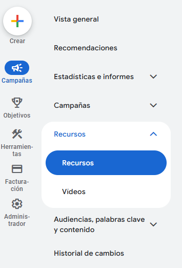 Menu Recursos de Anuncio en Google Ads
