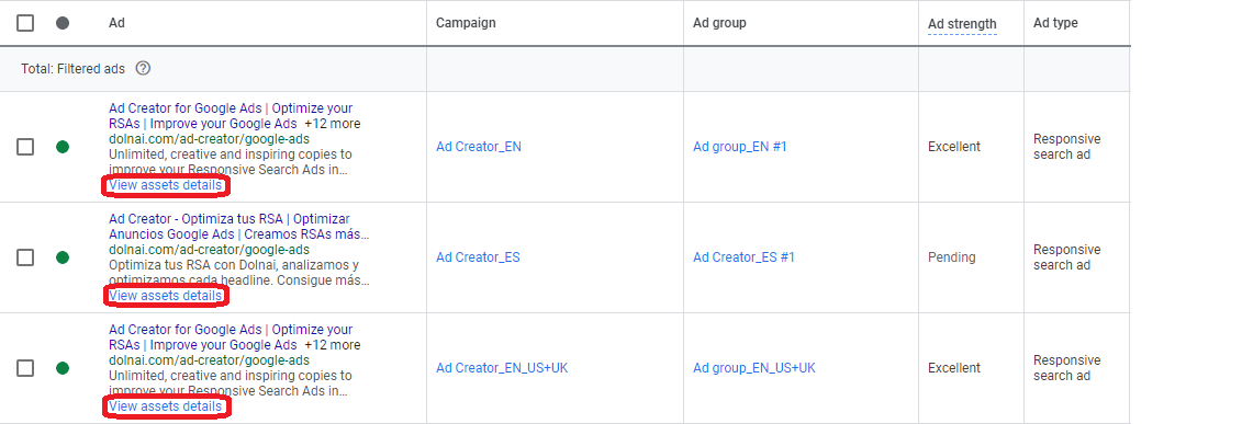 Listado de Anuncios de Búsqueda Adaptables (RSA) en Google Ads