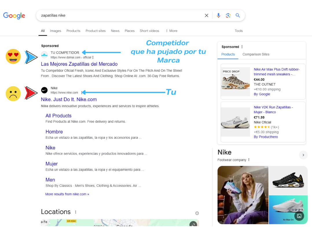 Ejemplo de un Competidor que consigue mostrar su anuncio en los resultados de pago, por encima de la propia marca oficial (que no está pujando por su marca en Google Ads)
