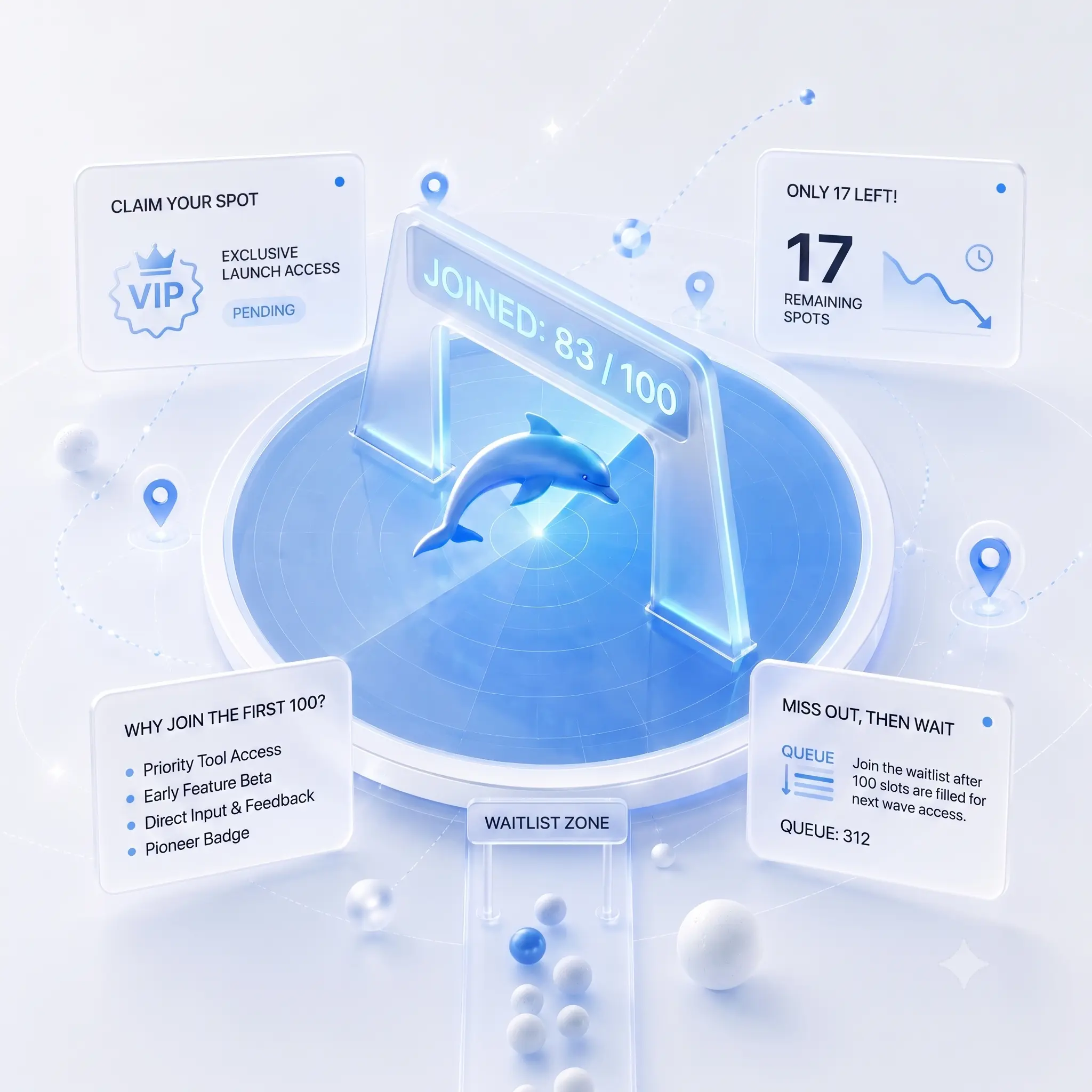 Modern Dolnai-style product visual: a dolphin or radar exploring a universe of prompts